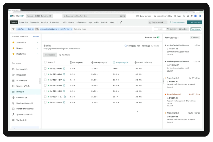 Screenshot of New Relic One system monitoring software